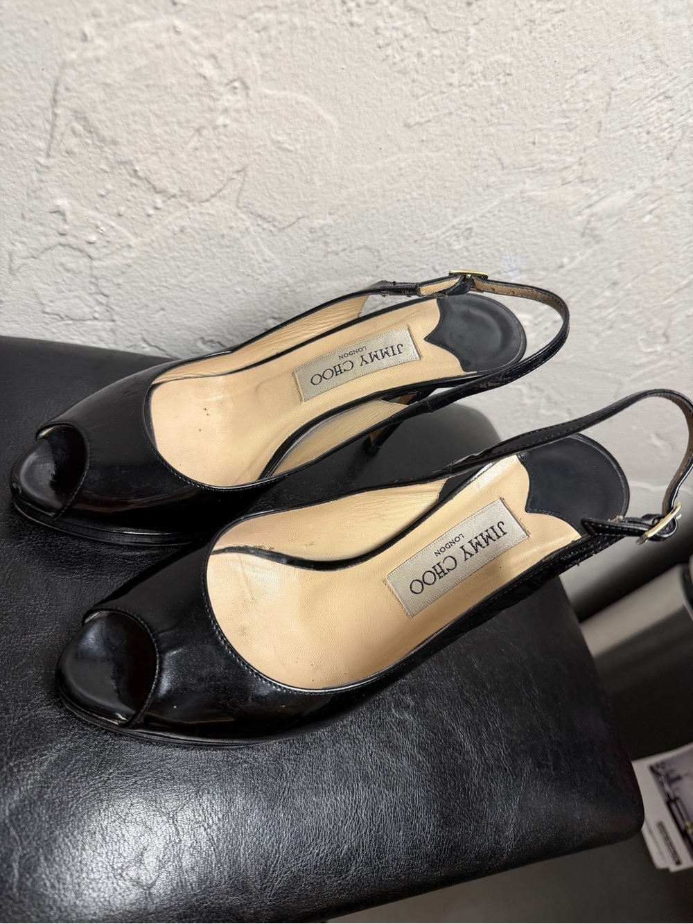 Jimmy Choo Black Patent Leather Peep-Toe Slingback Heels - Picture 7 of 15